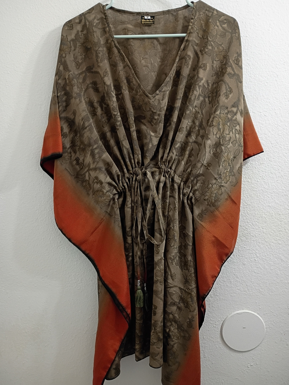 Boho Floral Drawstring Dress~ Tunic with Burnt Orange Trim